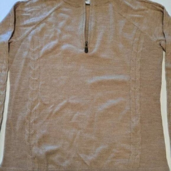 Orvis Men Sweater Medium 100% Merino Wool 1/4 Zip Tan Pullover Cable Knit Soft - Picture 3 of 9